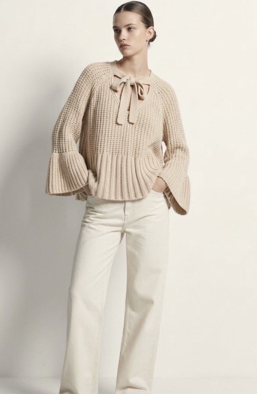 POL Women’s Chunky Knit Oversize Sweater Beige Front Tie Bell Sleeve Boho Size L